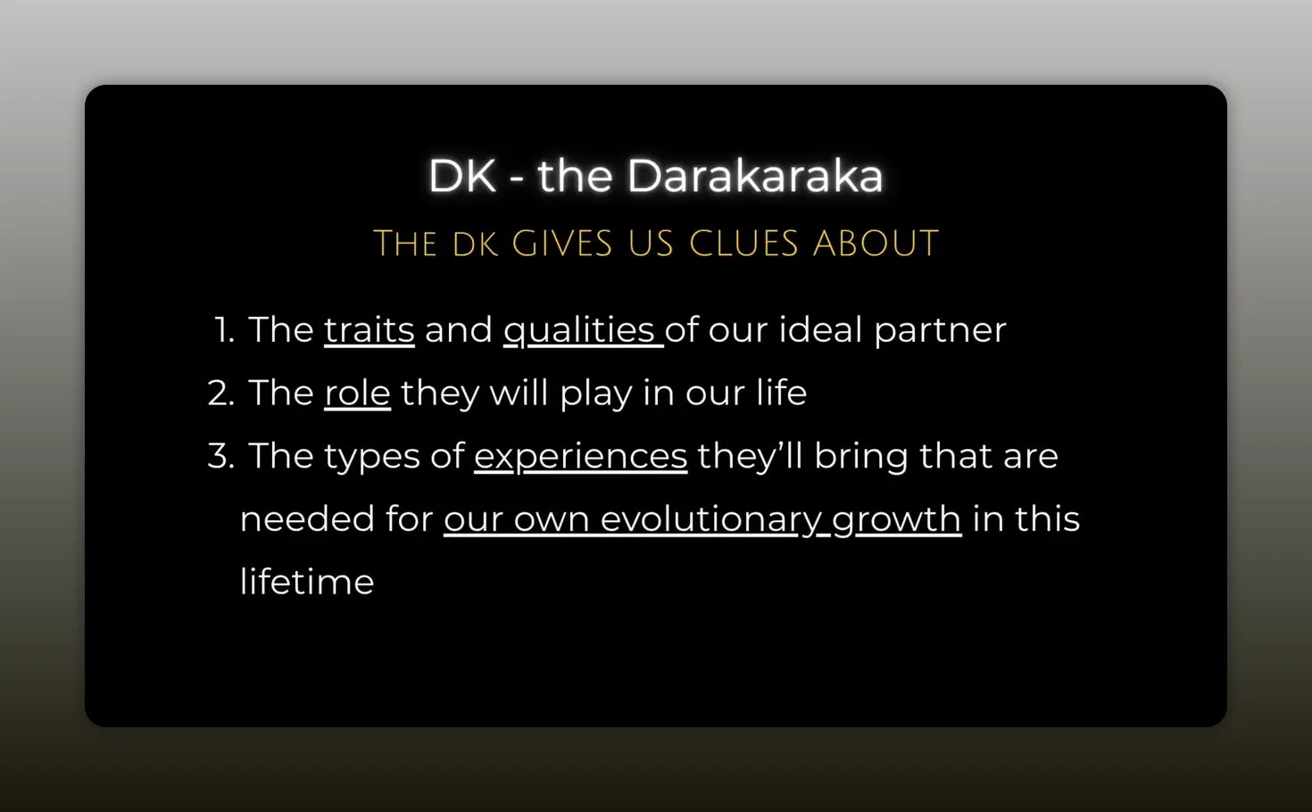 Black slide titled DK the Darakaraka with three bullet points about ideal partner qualities, their role, and evolutionary growth